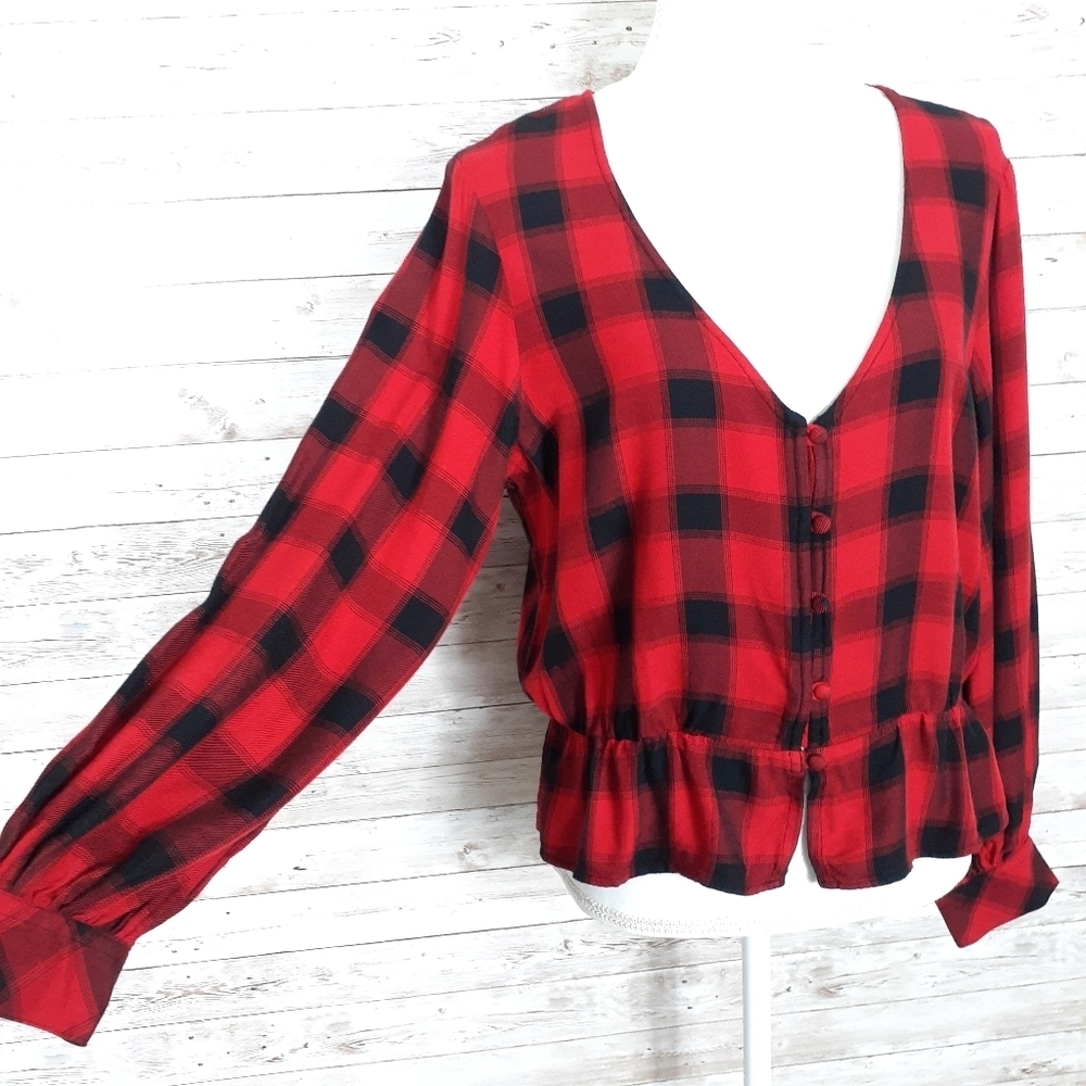 Sanctuary Peplum Top M Red Black Plaid 924 - Picture 3 of 6